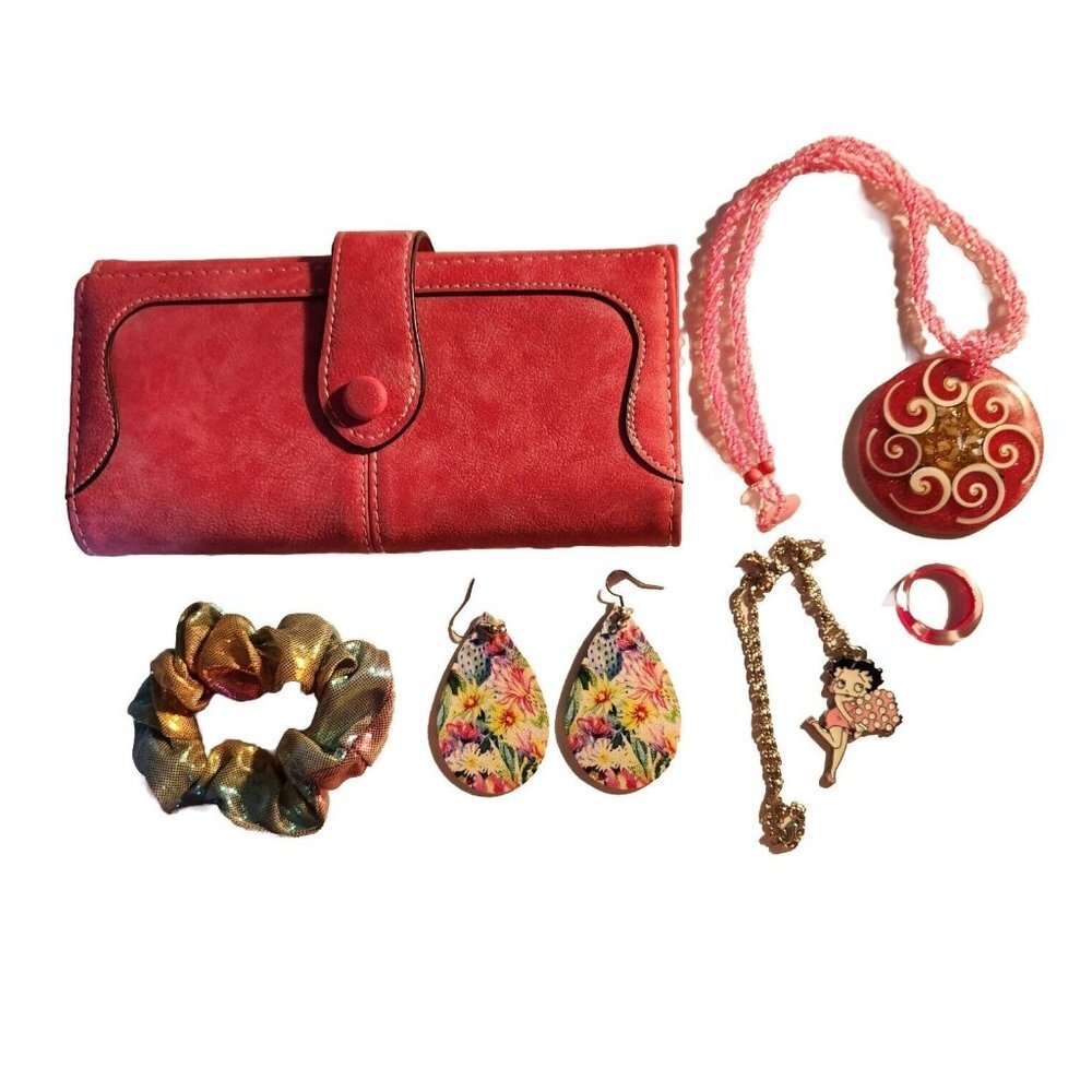 It's all about Pink -6 Lot - Wallet  Necklaces Acrylic Ring Scrunchie Earrings